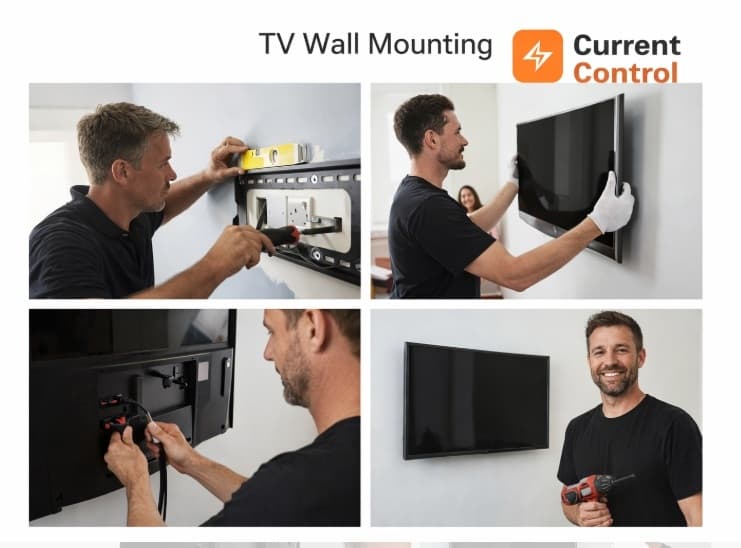 TV wall mounting process - levelling, bracket fitting, cable management and finished result